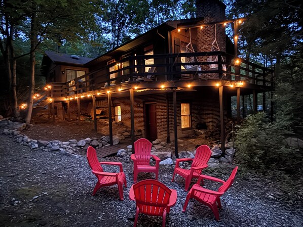 Outdoor seating at evening time.