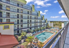 View of rooftop pool from front door