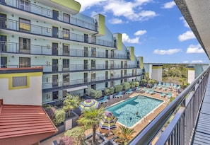 View of rooftop pool from front door