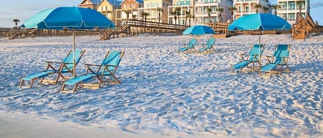 Enjoy beach chair and umbrella service and more on the resort’s 580 feet of sugar-white beachfront.