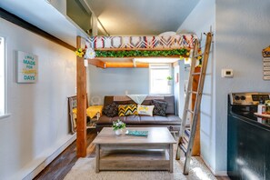 Studio | Lofted Queen Bed (Ladder Required, No Rails) | Linens Provided