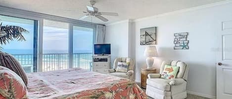 This is the master bedroom of the vacation condo.  It has a king sized mattress.