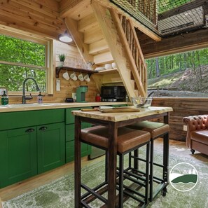 The custom table can be moved to be a kitchen island!