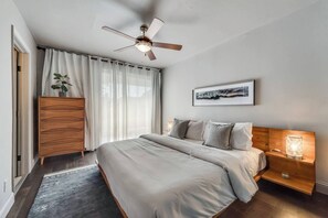 Primary bedroom, spacious bedroom with king size bed, Egyptian cotton sheets and our very own custom pillows.  