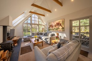 Glenfeshie House living room with fire and TV