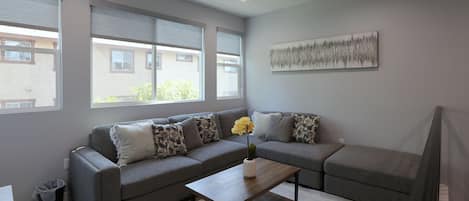Living area with 55 inch smart TV
