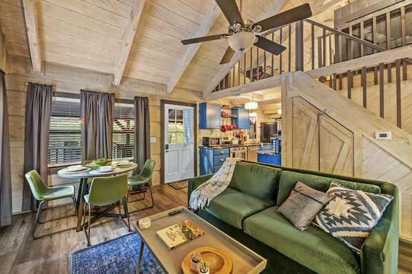 This is a real cabin with a color scheme that makes it unique to the area.