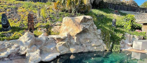 Pool with waterfall and rocks to jump from