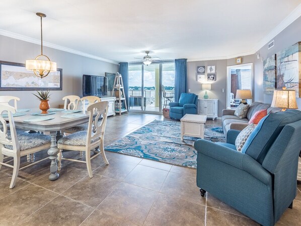 Panoramic view of living room and dining room!