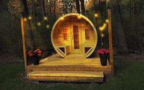 Melt your stress away! Enjoy our brand new barrel sauna right in the backyard