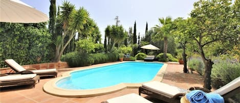 Fantastic private swimming pool with sun loungers and umbrellas for guests