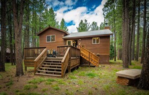 Back deck with grill and fire pit. 