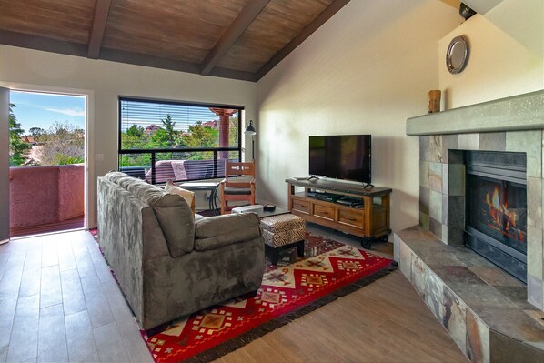 A view of the living area onto front balcony