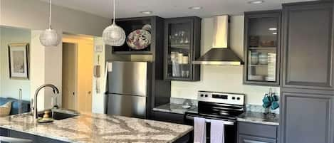 Designer kitchen with all new stainless steel appliances and granite countertops.