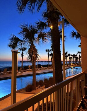 Evening lighting in pool and landscape 