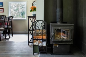 Cozy wood stove fire for your winter getaway