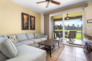 Beautiful ocean and golf course views from lanai, living room couch, and primary bedroom