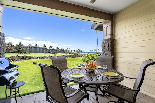 You will enjoy the lush green lawn off the lanai overlooking signature hole #6 of the Waikoloa Golf Club- Beach Course