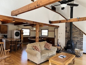 Open living area with view of dining area