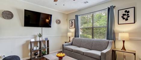 Classic Living Room with Wood Furnitures and Roku TV