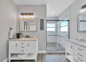 Brand New Primary bath with huge walk-in shower, two vanities & a water closet