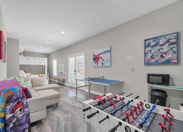 Ground floor "bonus room" has everything the younger generation needs - foosball, ping pong, Giant Connect 4 and lots of board games & puzzles