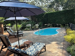 Heated swimming pool. Lounge chairs,umbrellas. floats and noodles available.
