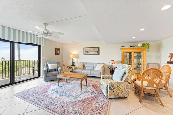 Cozy and inviting, this living room is perfect for relaxing after a beach day.