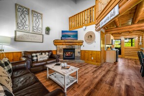 Living room with fireplace, TV, (sleeper) sofa, and loveseat.