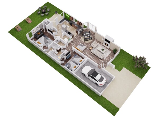 Discover the magic of planning your perfect escape with our captivating 3D floor plans. From arranging your sleeping quarters to envisioning outdoor fun like BBQs, cozy fire pit gatherings, and lively corn hole games, your stay is fully customizable.