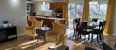 View from the couch toward the kitchen.