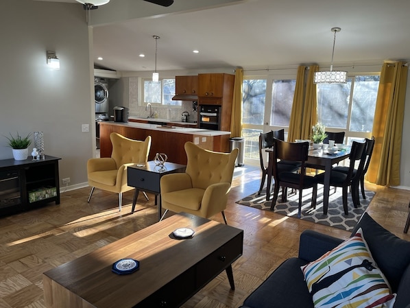 View from the couch toward the kitchen.