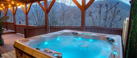 The upper deck might be a better viewpoint, but we promise the views are fantastic while immersed in the hot tub.