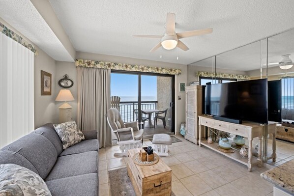 The ocean front living room is fabulous for movie night with the family.