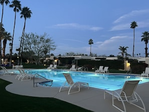 New refinished pool at dusk.. So beautiful and HEATED year round!