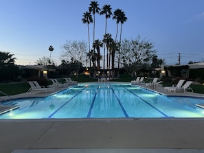 Another great dusk shot of the new refinished pool.  Heated year round!
