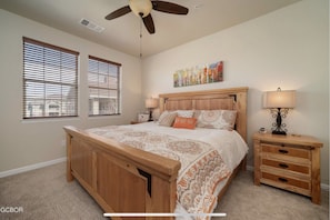 Cozy, roomy bedroom, king-sized bed, ample storage