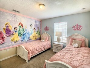 Step into a fairy tale with this Disney Princess-themed twin bedroom! 🏰✨ From sparkling decor to magical touches, it’s the perfect space for little dreamers to rest and reimagine their own royal adventures!