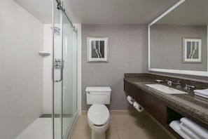 Full bathroom with a shower. Basic toiletries and towels are provided