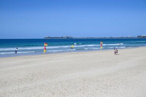 A few moinutes walk along the sand to the patrolled beach at Maroochydore