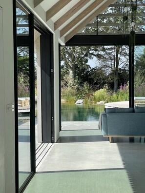 Looking out at swimming pond from kitchen 