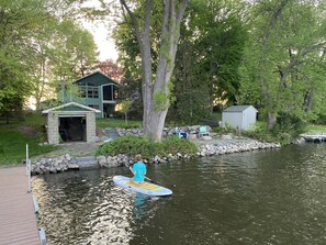 Shoreline, fish house, lake area sitting area and paddle board (free)