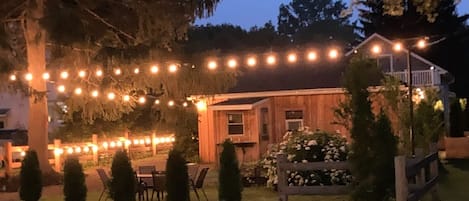 Outdoor seating at night.