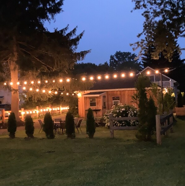 Outdoor seating at night.