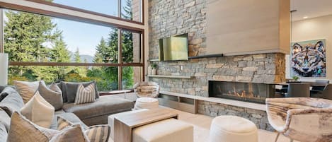 Living area with TV and 3-sided gas fireplace