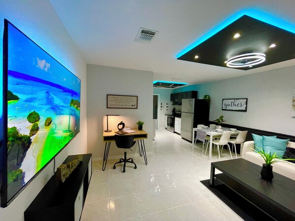 Very spacious open concept living room, kitchen and dinning table