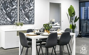 Share sumptuous meals with the family in this sophisticated dining area