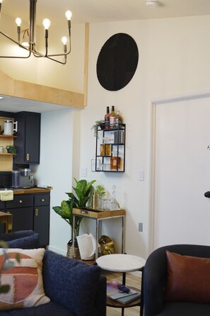 Kitchen with high vaulted ceilings