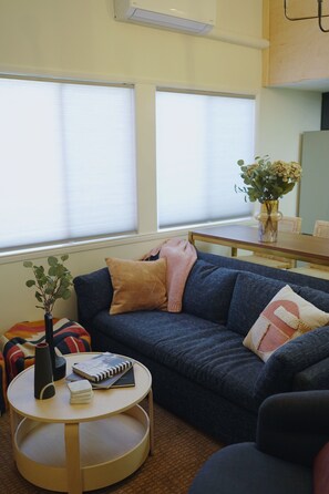 cozy living room with West Elm comfortable pull out sofa bed