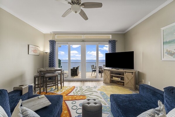 Living Area with Ocean Views, Dinnette, Flat Screen TV and Private Balcony Access